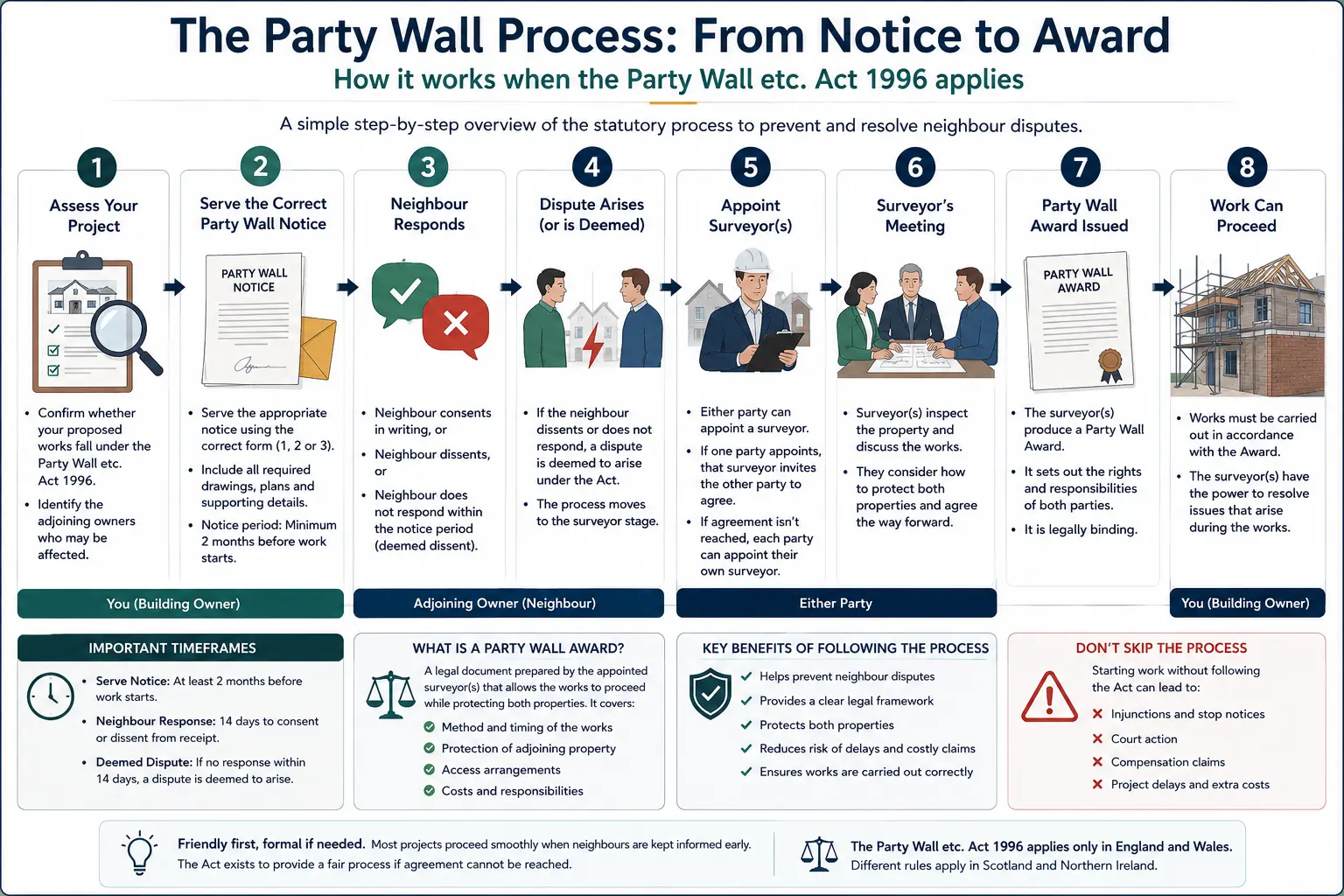 Do I Need a Party Wall Agreement? An infographic showing the party wall process from notice to award in a very interactive way for the citizens living in Rickmansworth, UK