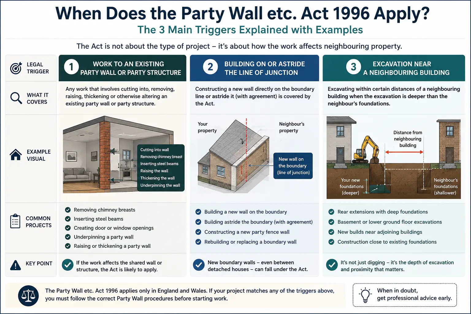 Do I Need a Party Wall Agreement? An infographic showing when does the party wall etc act 1996 apply like excavation, junction, painting, in Rickmansworth, UK